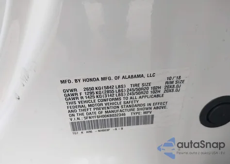 2019 Honda Pilot Elite из США, поврежденный, VIN 5FNYF6H00KB032346